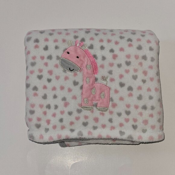 Forever Baby Giraffe Fleece Baby Blanket Pink Gray Hearts 29x38 - Picture 1 of 5